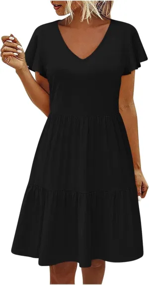 Women's Casual Tiered Dress Ruffle Cap Sleeve V Neck Mini Dresses Swing A-Line Summer Dress Bohemian Beach Dress