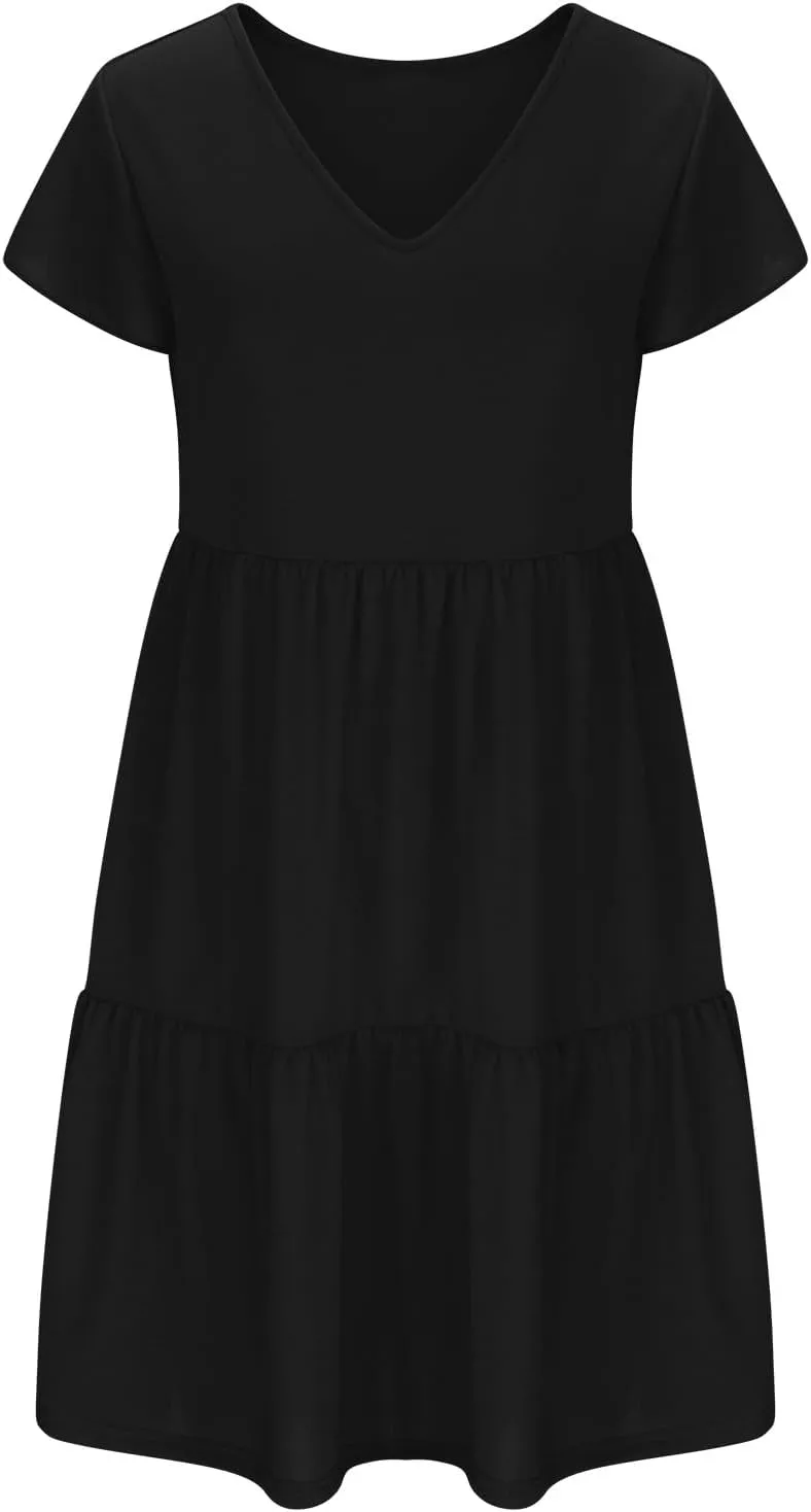 Women's Casual Tiered Dress Ruffle Cap Sleeve V Neck Mini Dresses Swing A-Line Summer Dress Bohemian Beach Dress