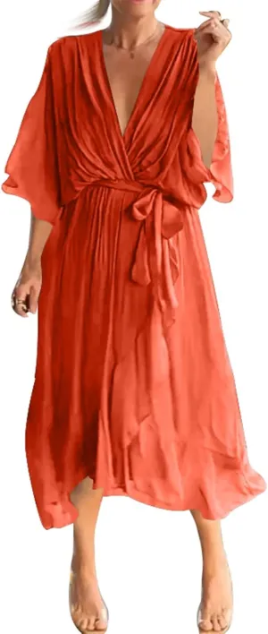 Women's Casual Wedding Guest Dresses 3/4 Ruffled Sleeve V Neck Gauze Loose A Line Light Irregular Midi Dress, S-5XL