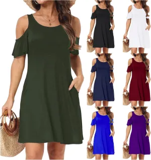 Womens Cold Shoulder Midi Dresses Casual Swing Shirt Sundress Short Sleeve Beach Dress with Pockets
