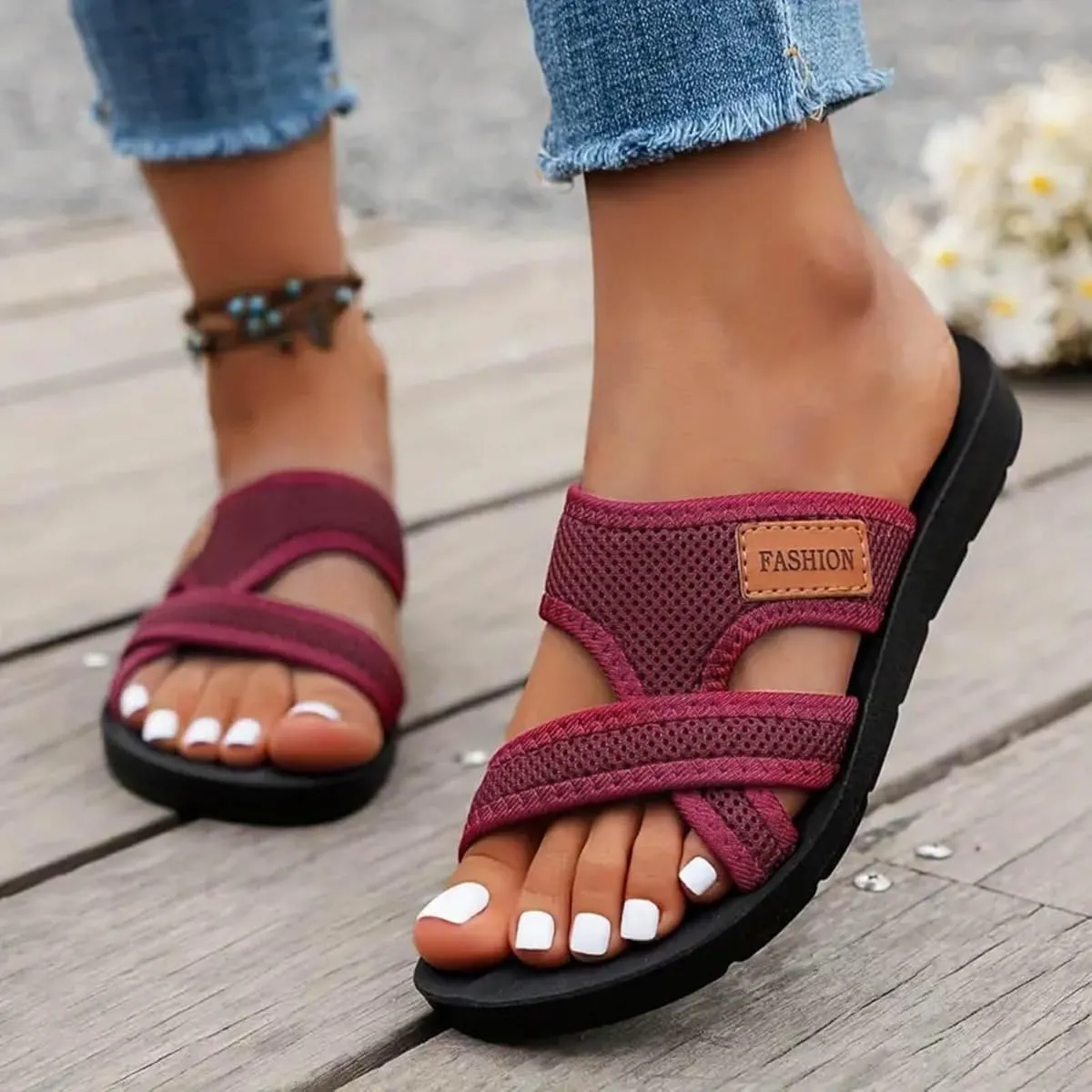 Women's Comfortable Breathable Mesh Flip Flops, Orthopedic Sandals, Women's Hollow Mesh Slide Sandals with Arch Support