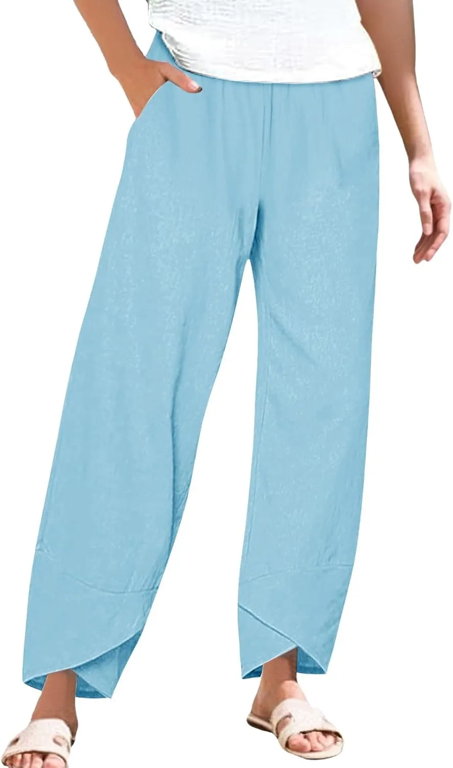 Women's Comfortable Linen Pants Loose Office Daily Work Leisures Trousers Straight Cross Leg Beach Flowy Casual Pants