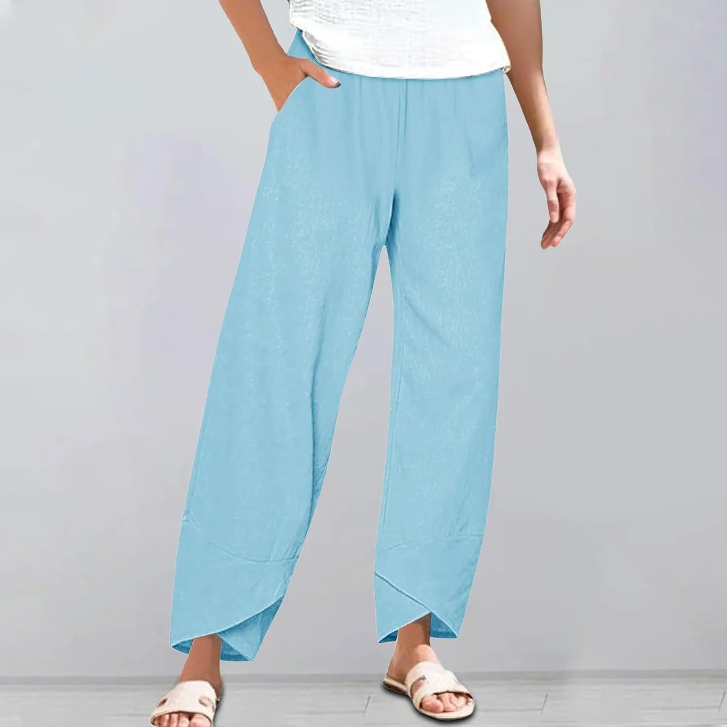 Women's Comfortable Linen Pants Loose Office Daily Work Leisures Trousers Straight Cross Leg Beach Flowy Casual Pants