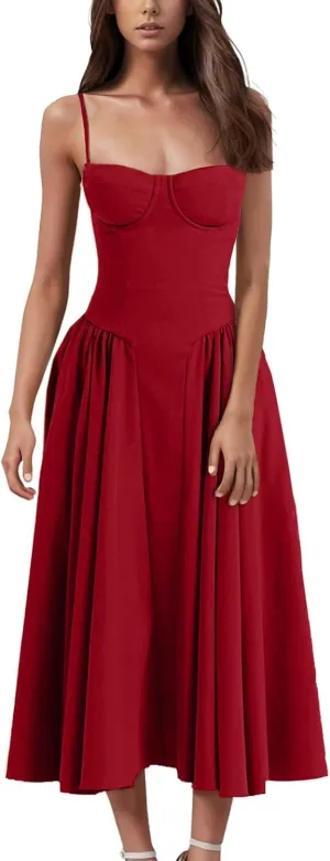 Womens Corset Dress Spaghetti Strap Bustier Midi Dress Pleated Hem Elegant Low Cut Prom Dresses with Pockets