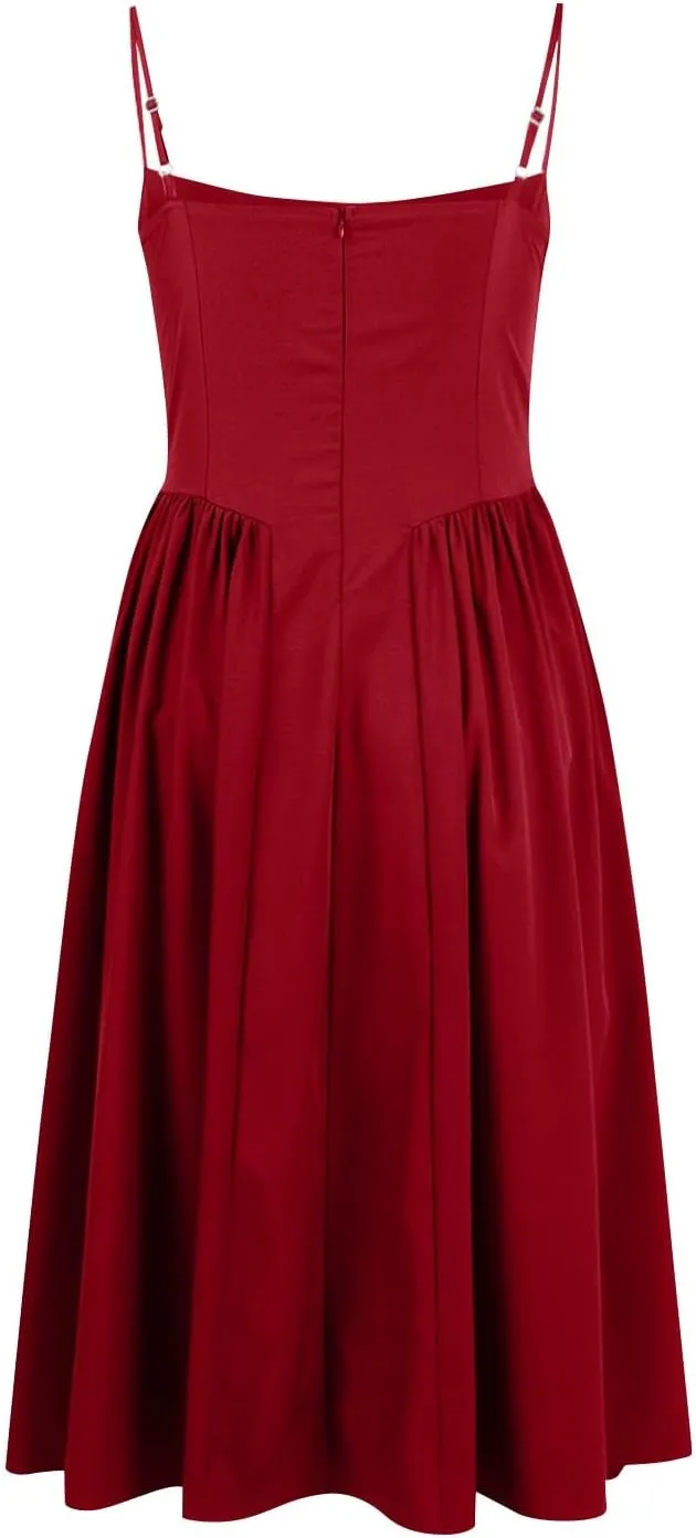 Womens Corset Dress Spaghetti Strap Bustier Midi Dress Pleated Hem Elegant Low Cut Prom Dresses with Pockets