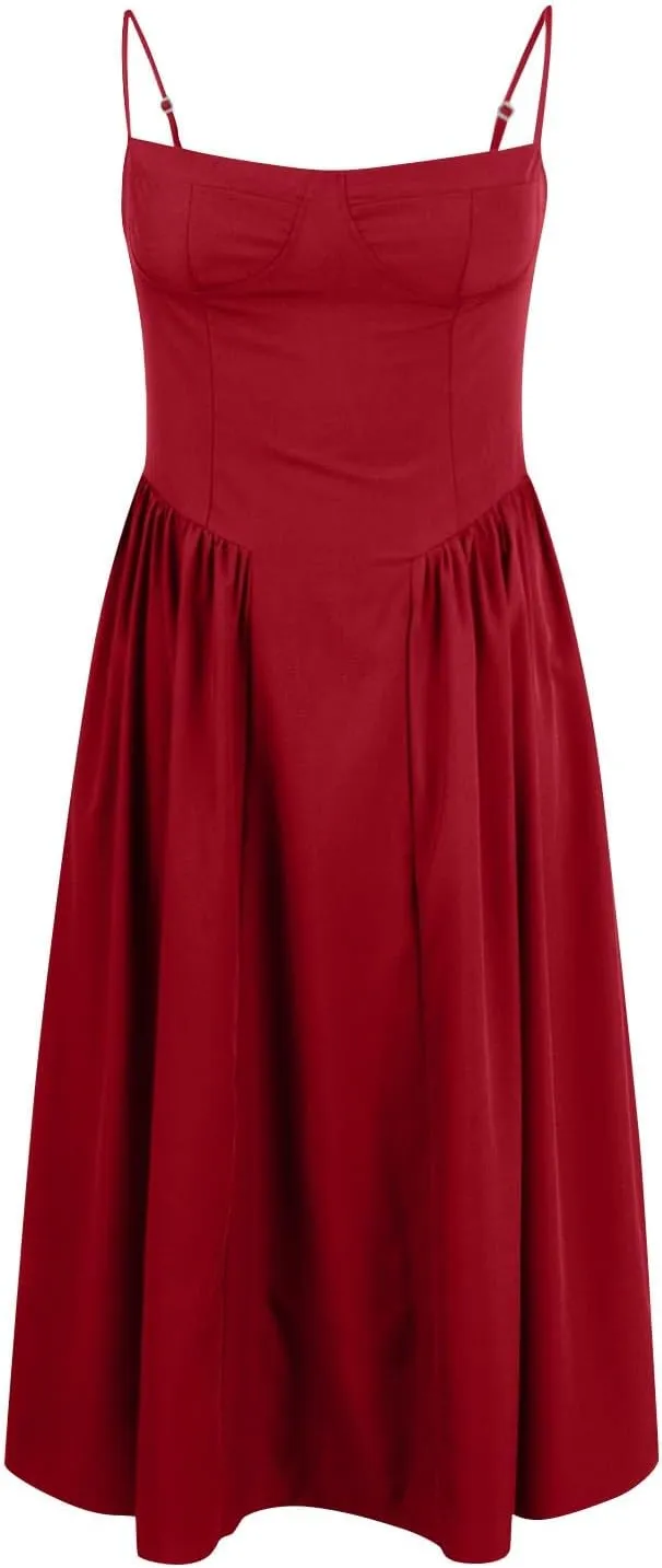 Womens Corset Dress Spaghetti Strap Bustier Midi Dress Pleated Hem Elegant Low Cut Prom Dresses with Pockets