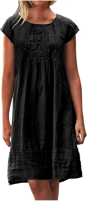 Womens Cotton Linen Dresses Short Sleeve Crew Neck Shift Dress Loose Ruched Solid Color Knee Length Beach Sundress