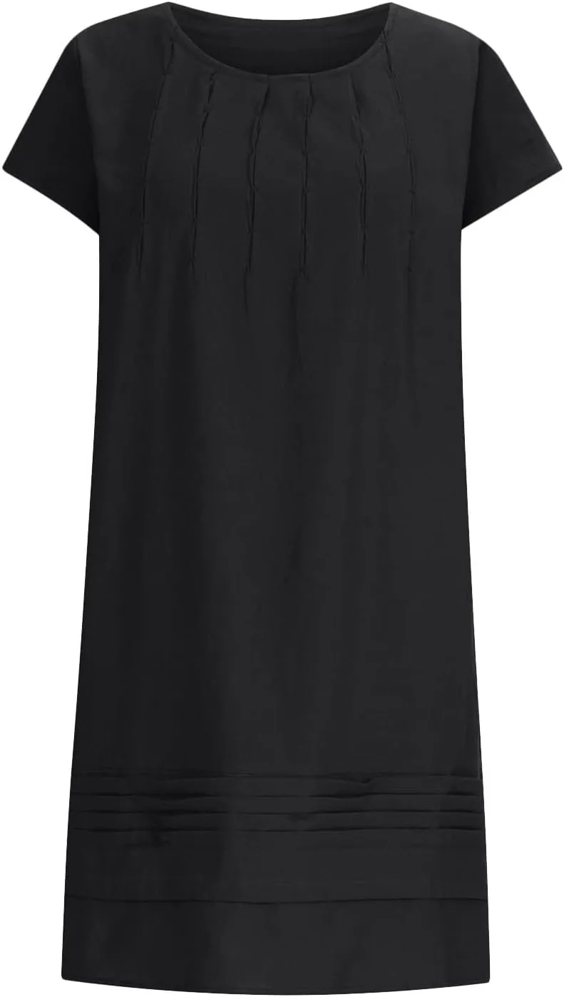 Womens Cotton Linen Dresses Short Sleeve Crew Neck Shift Dress Loose Ruched Solid Color Knee Length Beach Sundress