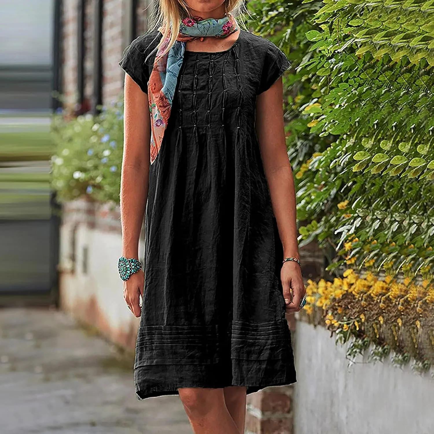 Womens Cotton Linen Dresses Short Sleeve Crew Neck Shift Dress Loose Ruched Solid Color Knee Length Beach Sundress