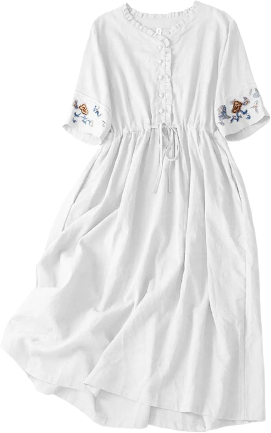 Women's Cotton Linen Dresses Summer Embroidered Sleeve A Line Comfy Cotton Maxi Dress Trendy Summer Vacation Clothes