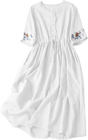 Women's Cotton Linen Dresses Summer Embroidered Sleeve A Line Comfy Cotton Maxi Dress Trendy Summer Vacation Clothes