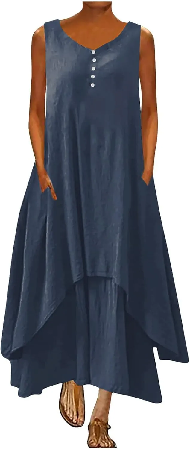 Womens Cotton Linen Midi Dresses Sleeveless Simple Solid Color Sundress Loose Casual Tank Dresses with Pockets