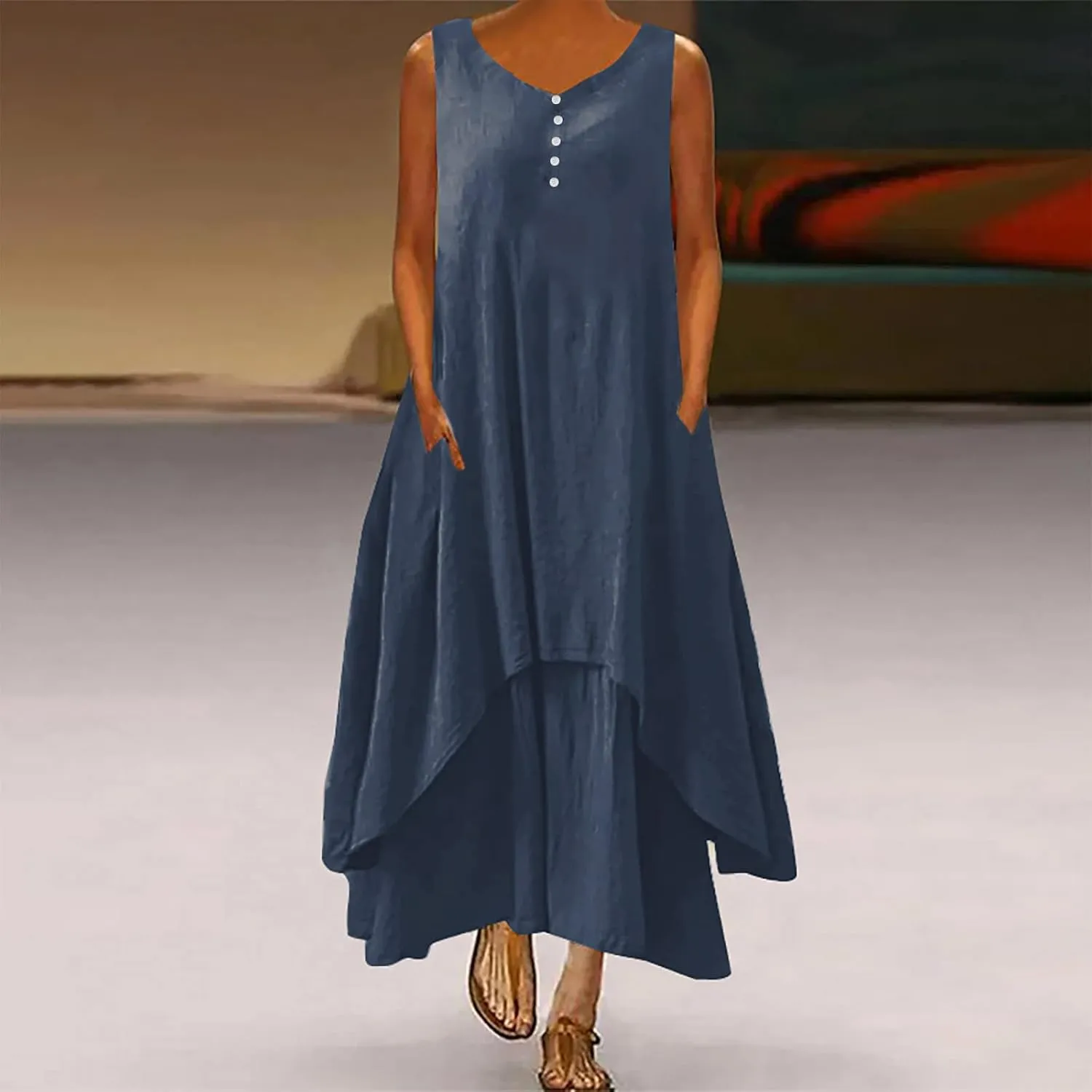 Womens Cotton Linen Midi Dresses Sleeveless Simple Solid Color Sundress Loose Casual Tank Dresses with Pockets
