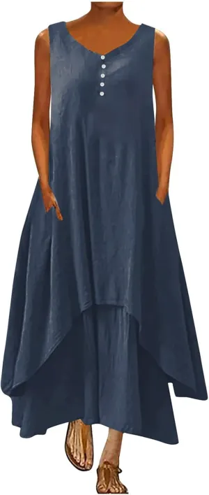 Womens Cotton Linen Midi Dresses Sleeveless Simple Solid Color Sundress Loose Casual Tank Dresses with Pockets