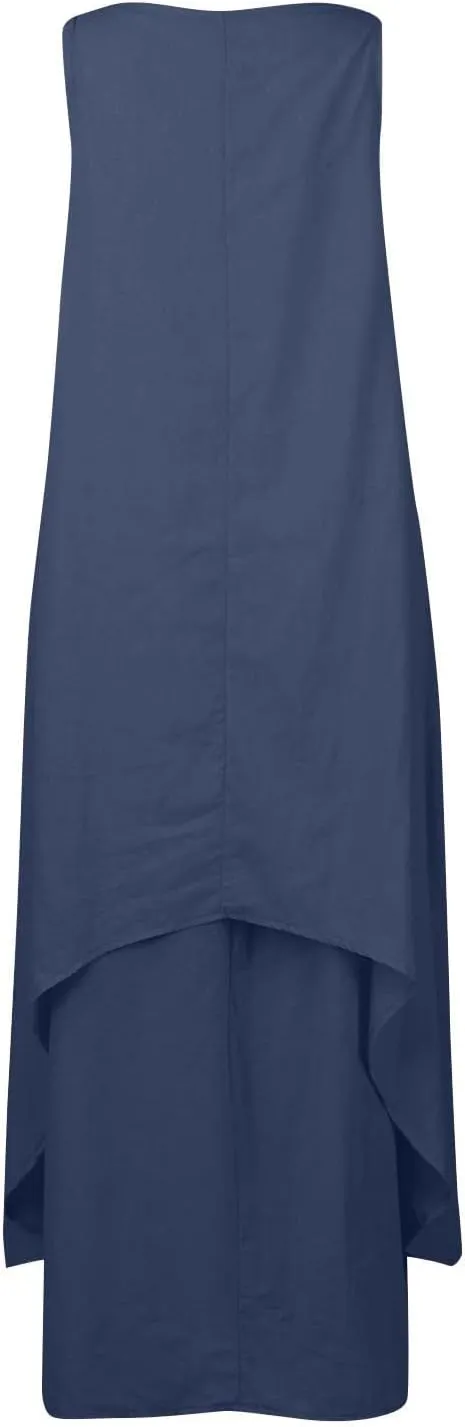 Womens Cotton Linen Midi Dresses Sleeveless Simple Solid Color Sundress Loose Casual Tank Dresses with Pockets
