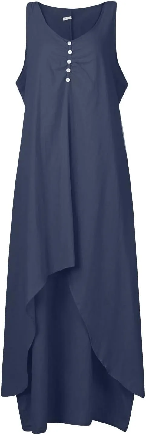 Womens Cotton Linen Midi Dresses Sleeveless Simple Solid Color Sundress Loose Casual Tank Dresses with Pockets