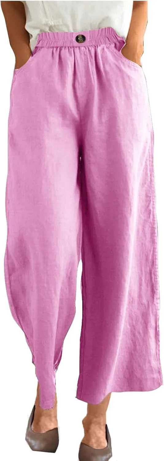Womens Cotton Linen Pants Summer Elastic Waist Palazzo Trouser with Pockets Plus Size Casual Loose Fit Wide Leg Pant