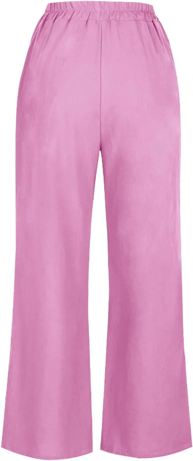 Womens Cotton Linen Pants Summer Elastic Waist Palazzo Trouser with Pockets Plus Size Casual Loose Fit Wide Leg Pant