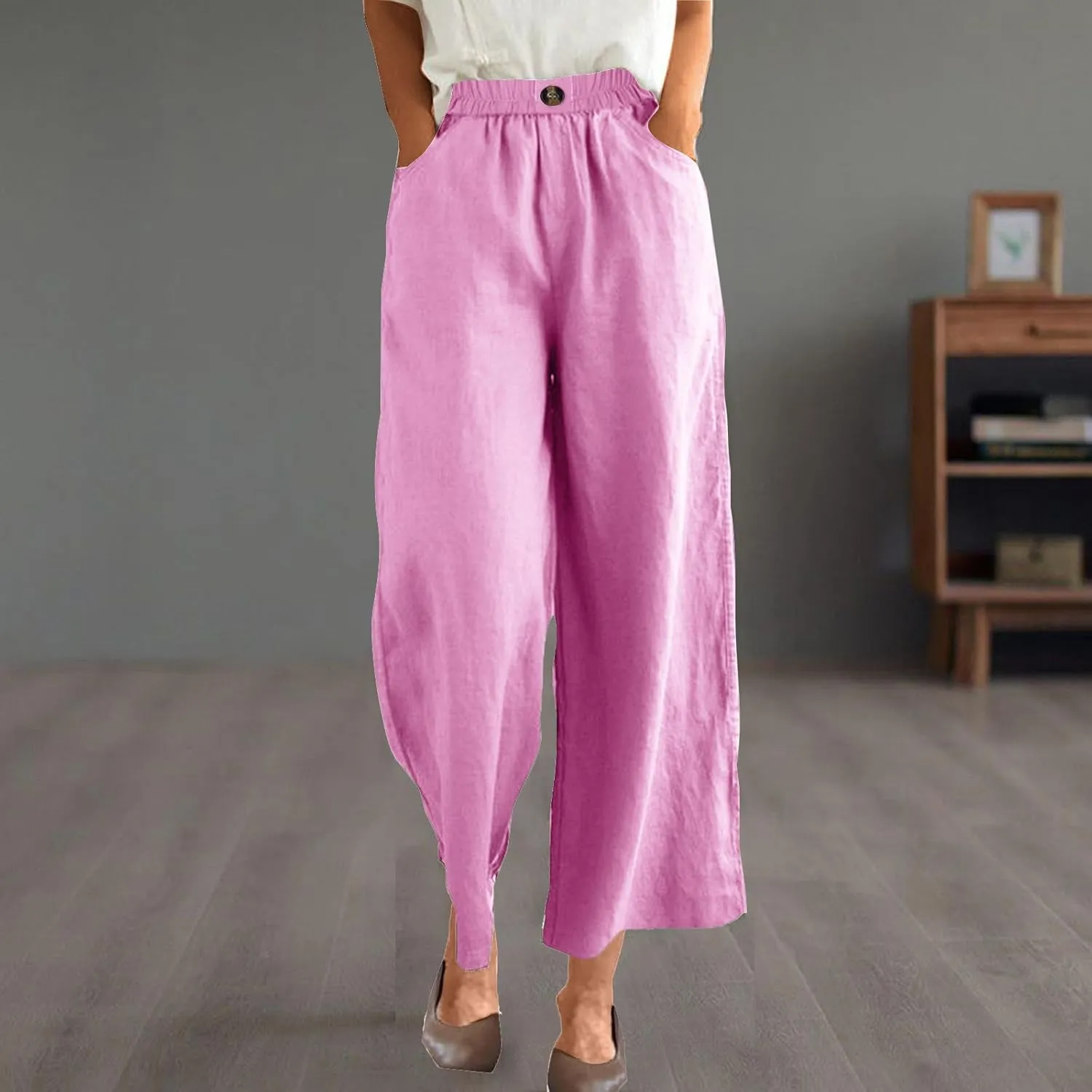 Womens Cotton Linen Pants Summer Elastic Waist Palazzo Trouser with Pockets Plus Size Casual Loose Fit Wide Leg Pant