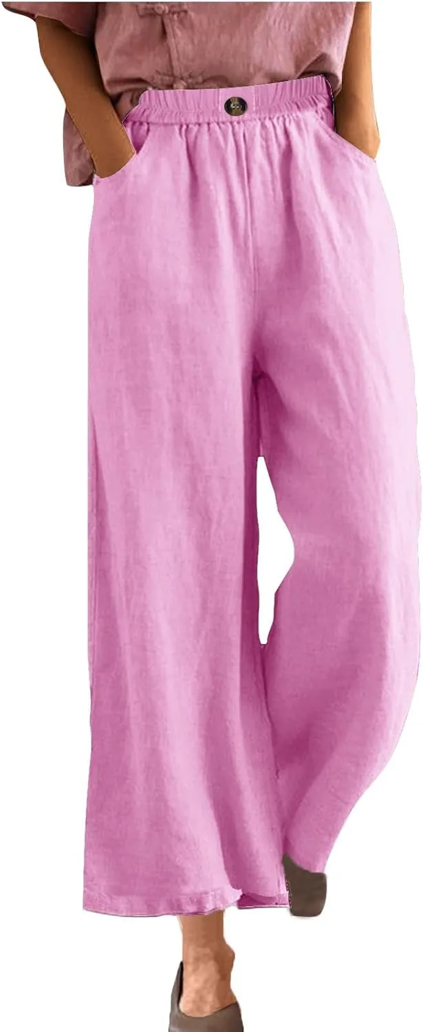 Womens Cotton Linen Pants Summer Elastic Waist Palazzo Trouser with Pockets Plus Size Casual Loose Fit Wide Leg Pant