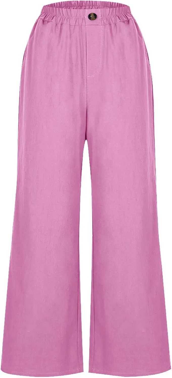 Womens Cotton Linen Pants Summer Elastic Waist Palazzo Trouser with Pockets Plus Size Casual Loose Fit Wide Leg Pant