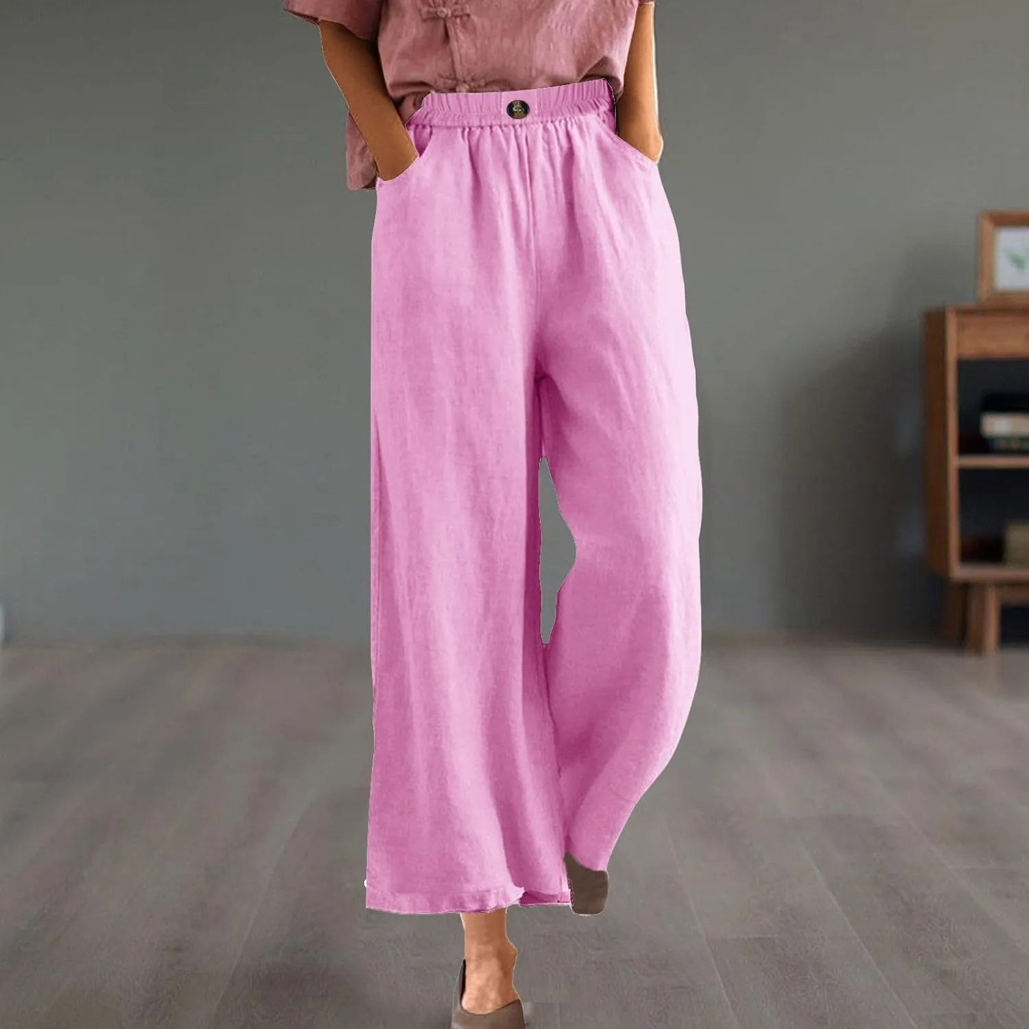Womens Cotton Linen Pants Summer Elastic Waist Palazzo Trouser with Pockets Plus Size Casual Loose Fit Wide Leg Pant