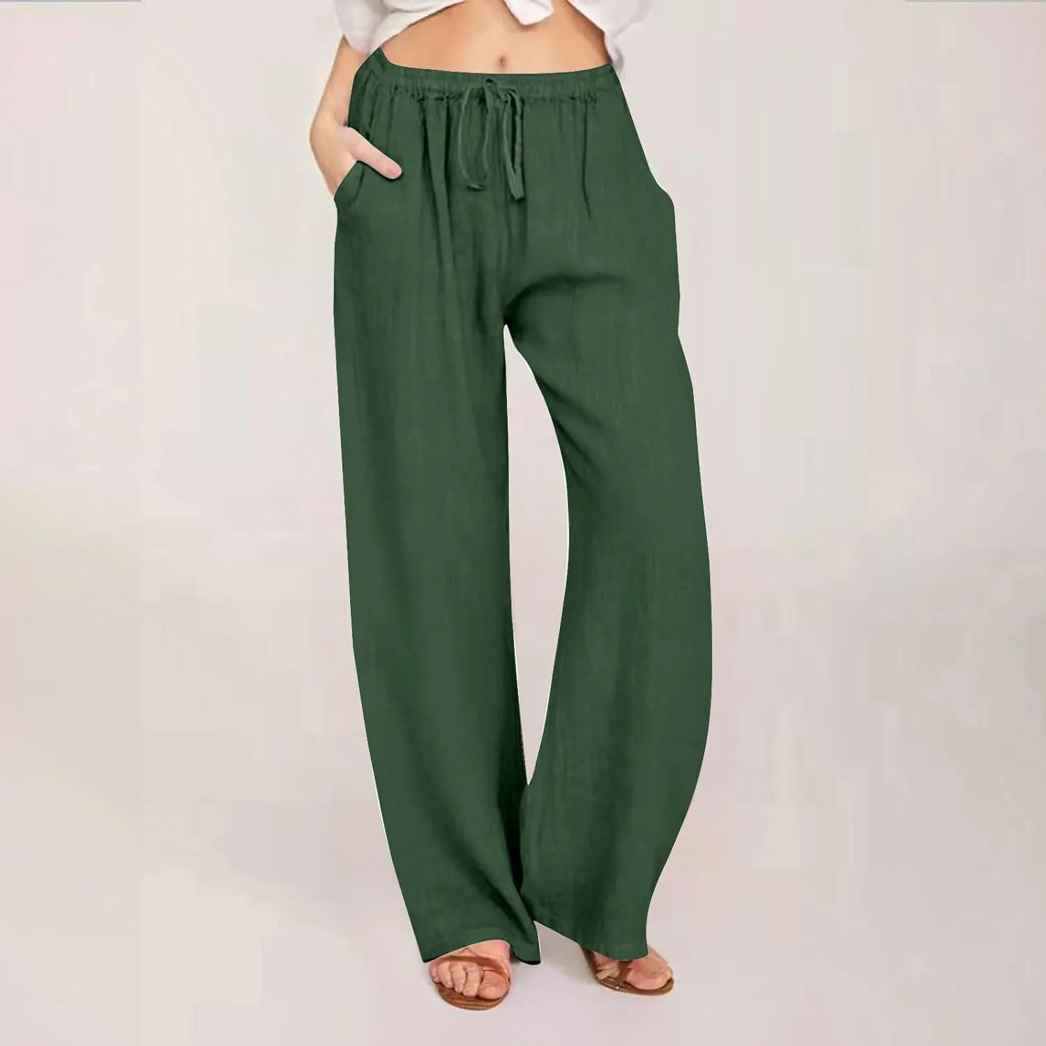 Women's Cotton Linen Pants,Spring Summer Wide Leg Casual Loose Drawstring High Waist Palazzo Pants with Pockets
