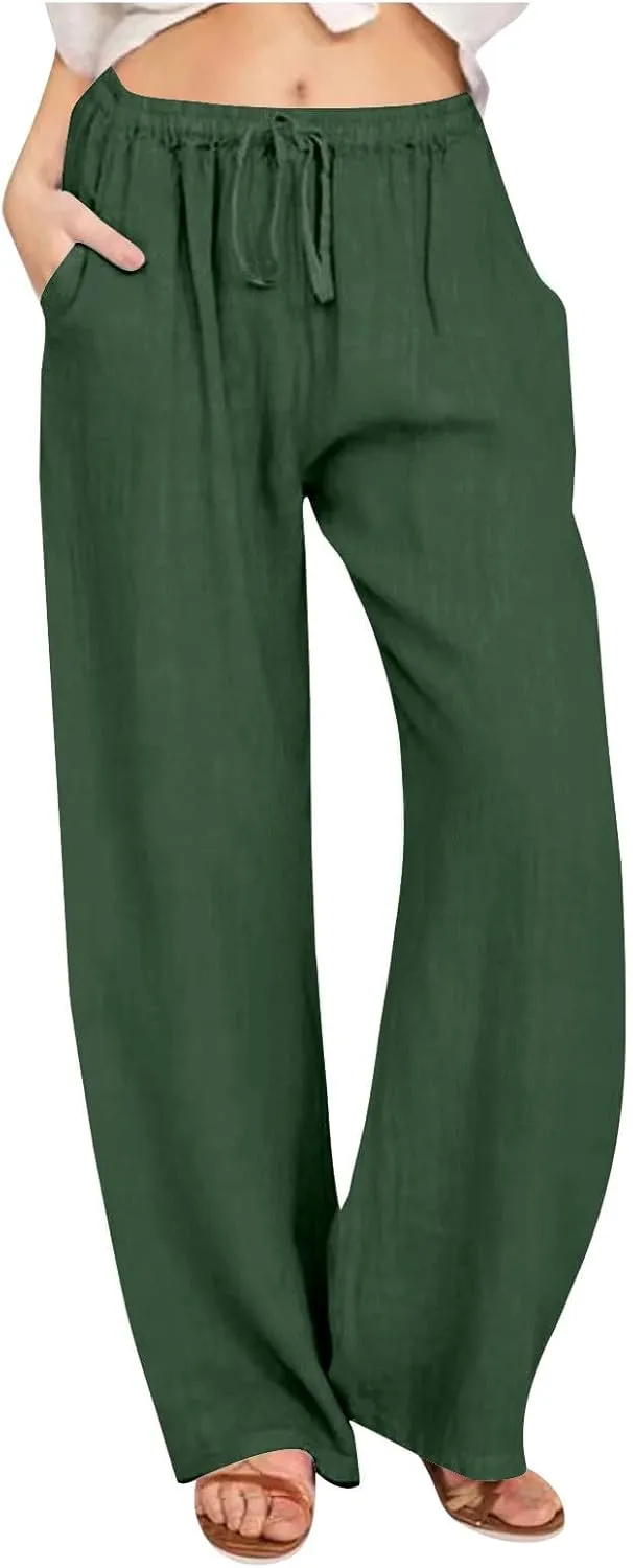 Women's Cotton Linen Pants,Spring Summer Wide Leg Casual Loose Drawstring High Waist Palazzo Pants with Pockets