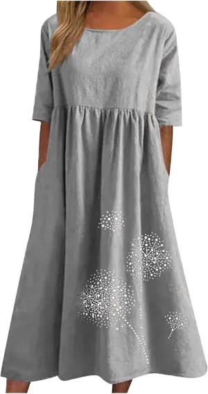 Women's Cotton Linen Ruched Tshirt Dress Dandelion Print Casual Plus Size Midi Dresses Beach Flowy Dress with Pocket