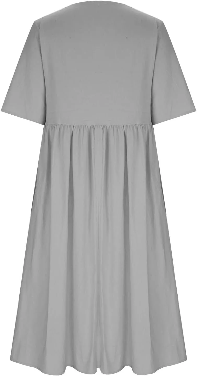 Women's Cotton Linen Ruched Tshirt Dress Dandelion Print Casual Plus Size Midi Dresses Beach Flowy Dress with Pocket
