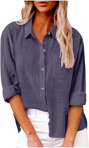 Womens Cotton Linen Shirt 2025 Spring Boyfriend Long Sleeve Solid Color Blouses Loose Work Tops with Pockets