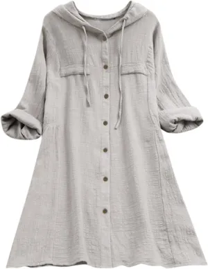Women's Cotton Linen Shirt Button Down Long Hoodie Dress Blouse Long Sleeve Lightweight Soft Sleepwear Tunic Tops
