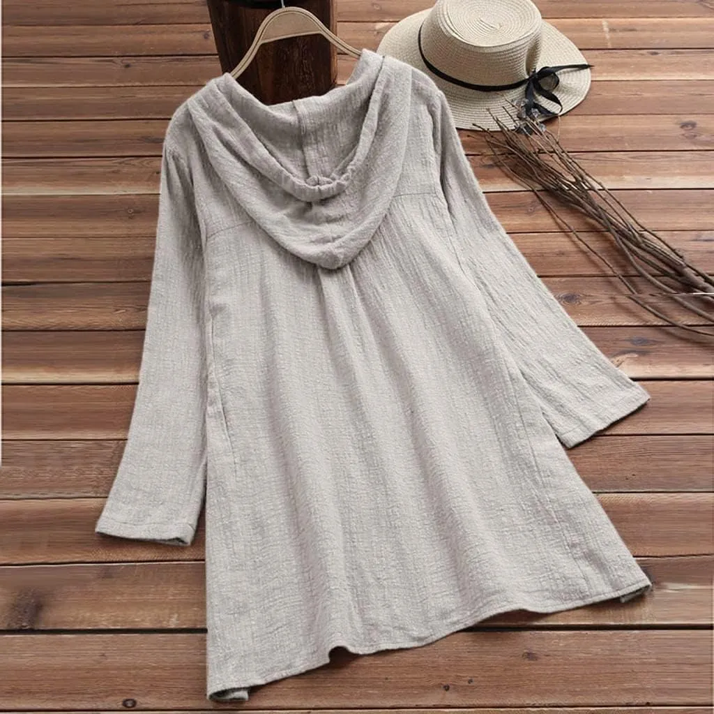 Women's Cotton Linen Shirt Button Down Long Hoodie Dress Blouse Long Sleeve Lightweight Soft Sleepwear Tunic Tops