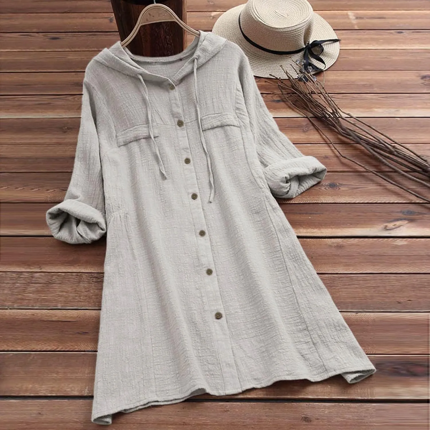 Women's Cotton Linen Shirt Button Down Long Hoodie Dress Blouse Long Sleeve Lightweight Soft Sleepwear Tunic Tops