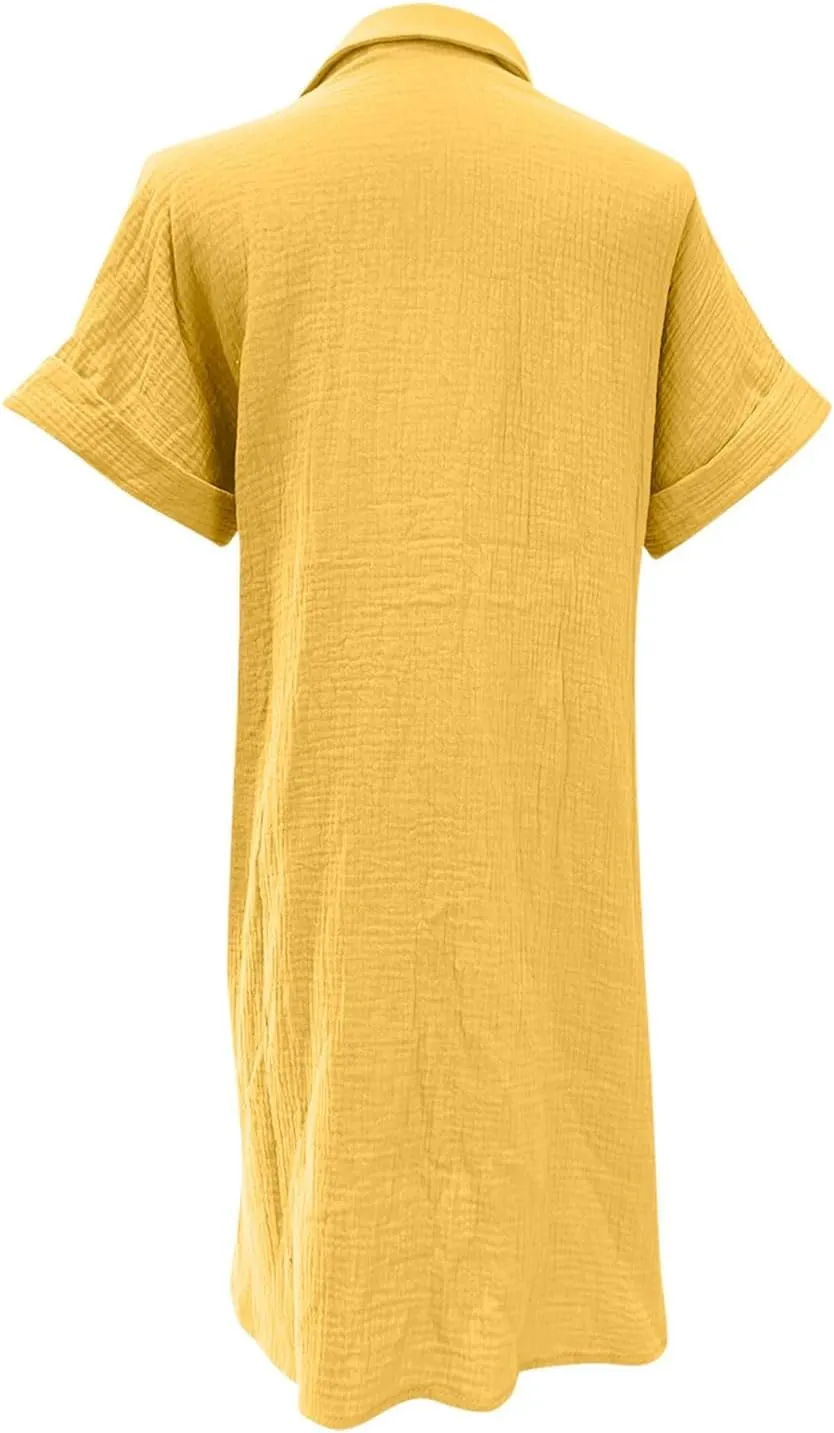 Womens Cotton Short Sleeve Shirt Dress Casual Loose Fit Button Down Mini Dress with Pockets Summer Beach Sundress