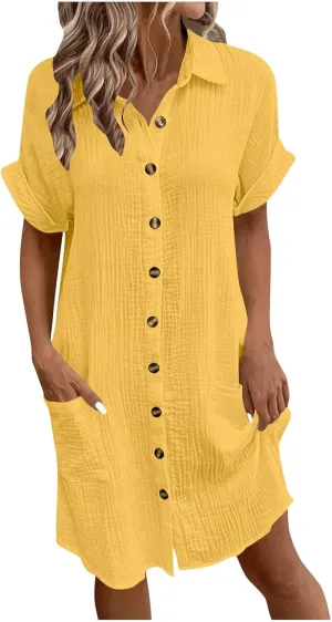 Womens Cotton Short Sleeve Shirt Dress Casual Loose Fit Button Down Mini Dress with Pockets Summer Beach Sundress
