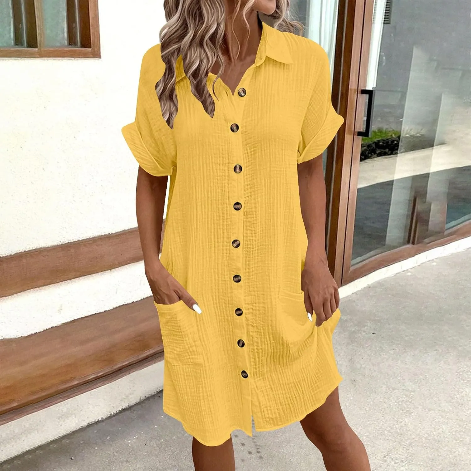 Womens Cotton Short Sleeve Shirt Dress Casual Loose Fit Button Down Mini Dress with Pockets Summer Beach Sundress