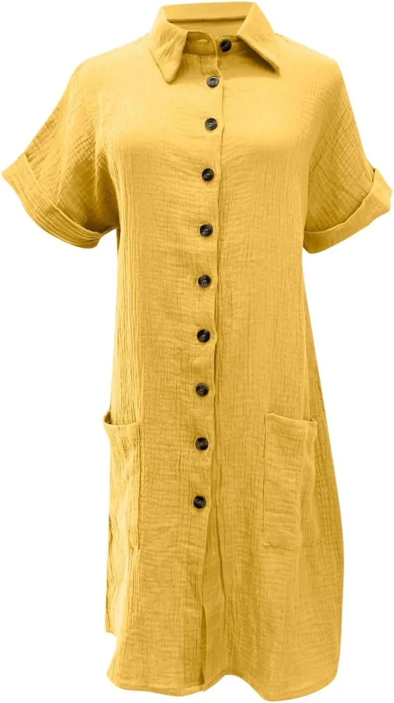 Womens Cotton Short Sleeve Shirt Dress Casual Loose Fit Button Down Mini Dress with Pockets Summer Beach Sundress