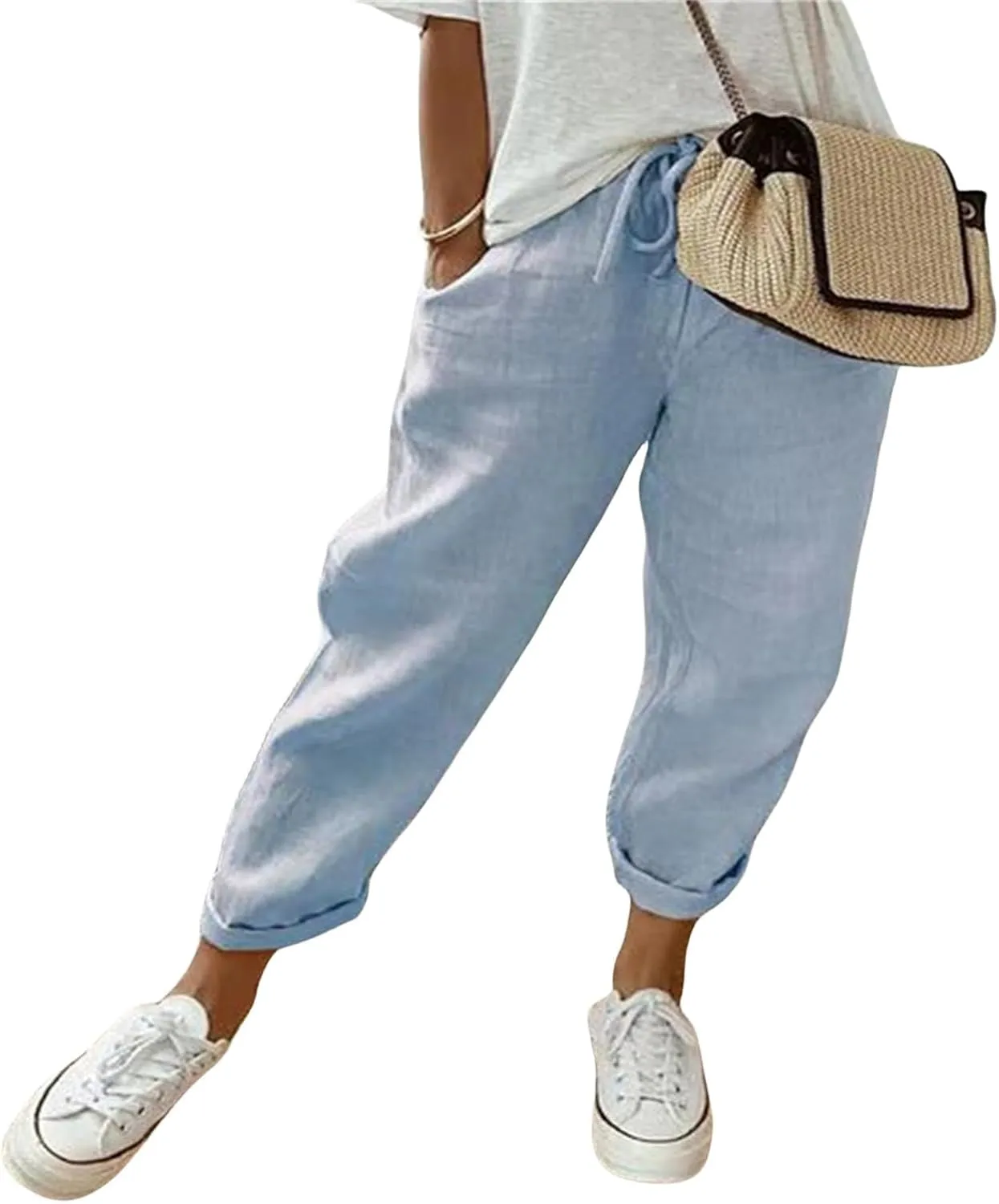 Women's Cotton Tapered Capri Casual Pants Elastic Waist Ankle Cropped Loose Fit Trouser with Pockets