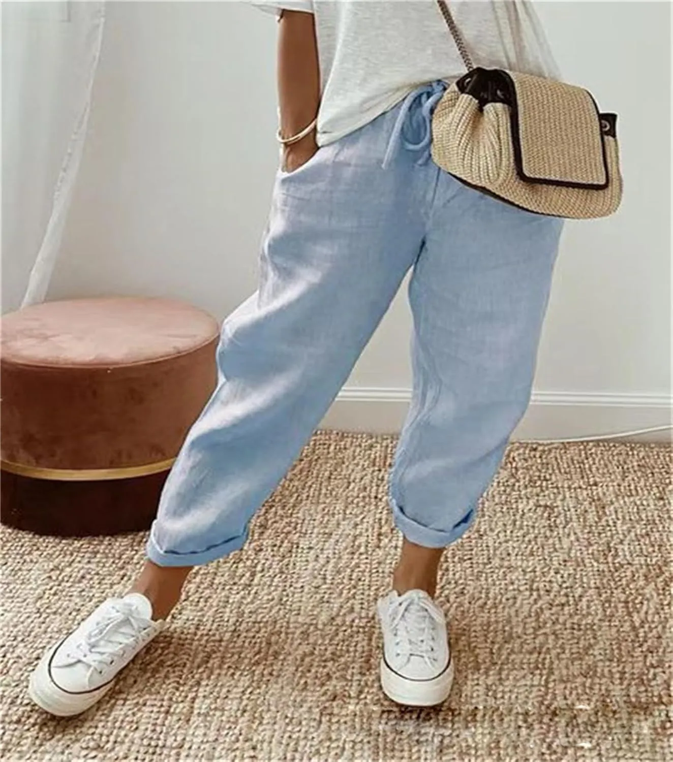 Women's Cotton Tapered Capri Casual Pants Elastic Waist Ankle Cropped Loose Fit Trouser with Pockets