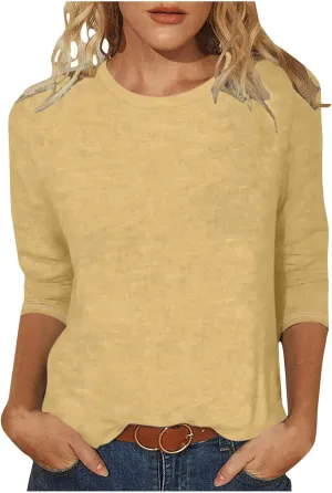 Womens Crew Neck 3/4 Sleeve T Shirts Loose Tunic Tops Casual Solid Basic Tees Three Quarter Length Sleeves Blouses