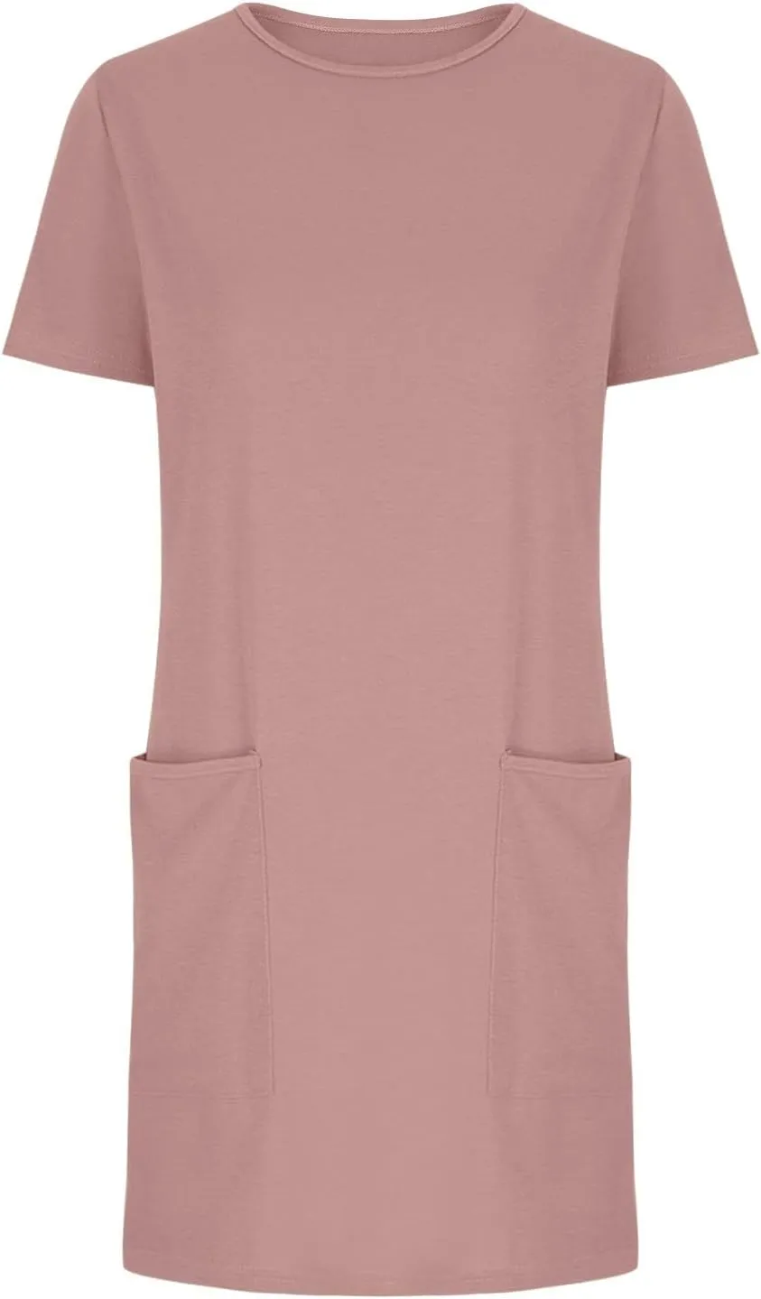 Womens Crewneck Summer Casual Sundress Simple Solid Color T Shirt Dress Comfy Loose Fit Beach Dress with Pockets