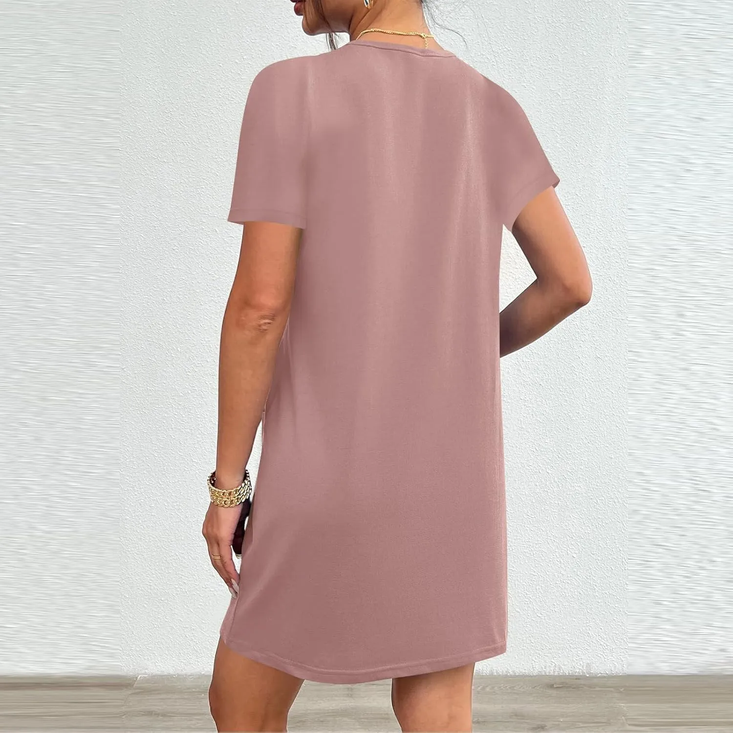 Womens Crewneck Summer Casual Sundress Simple Solid Color T Shirt Dress Comfy Loose Fit Beach Dress with Pockets
