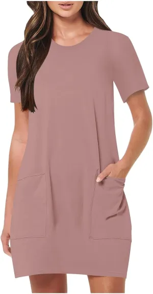 Womens Crewneck Summer Casual Sundress Simple Solid Color T Shirt Dress Comfy Loose Fit Beach Dress with Pockets