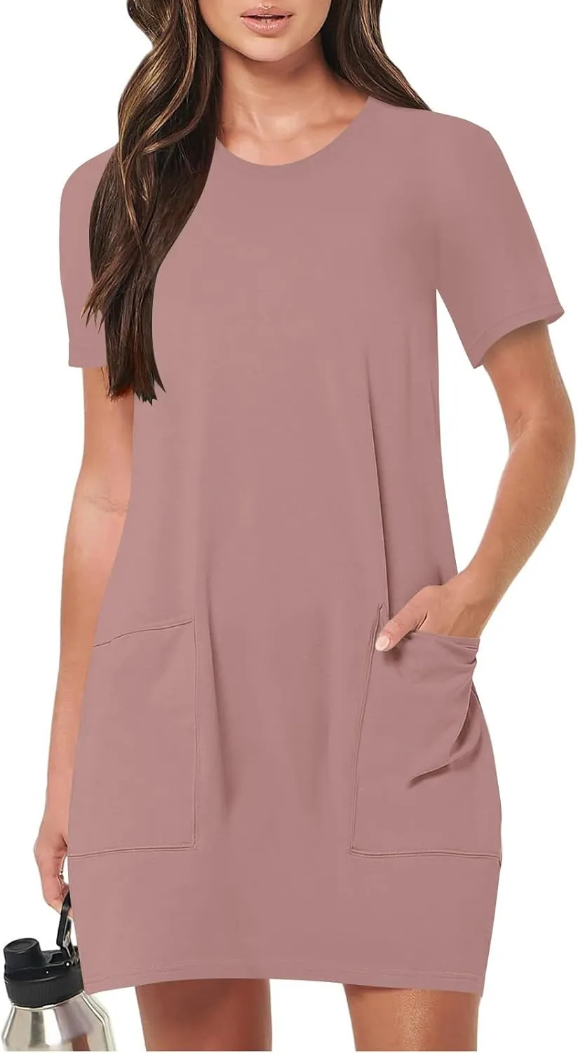 Womens Crewneck Summer Casual Sundress Simple Solid Color T Shirt Dress Comfy Loose Fit Beach Dress with Pockets