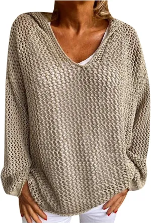 Womens Crochet Hoodie Sweater Top Loose Hooded Long Sleeve Shirt Spring Summer Beach Cover Up Hollow Knit Bathing Suit