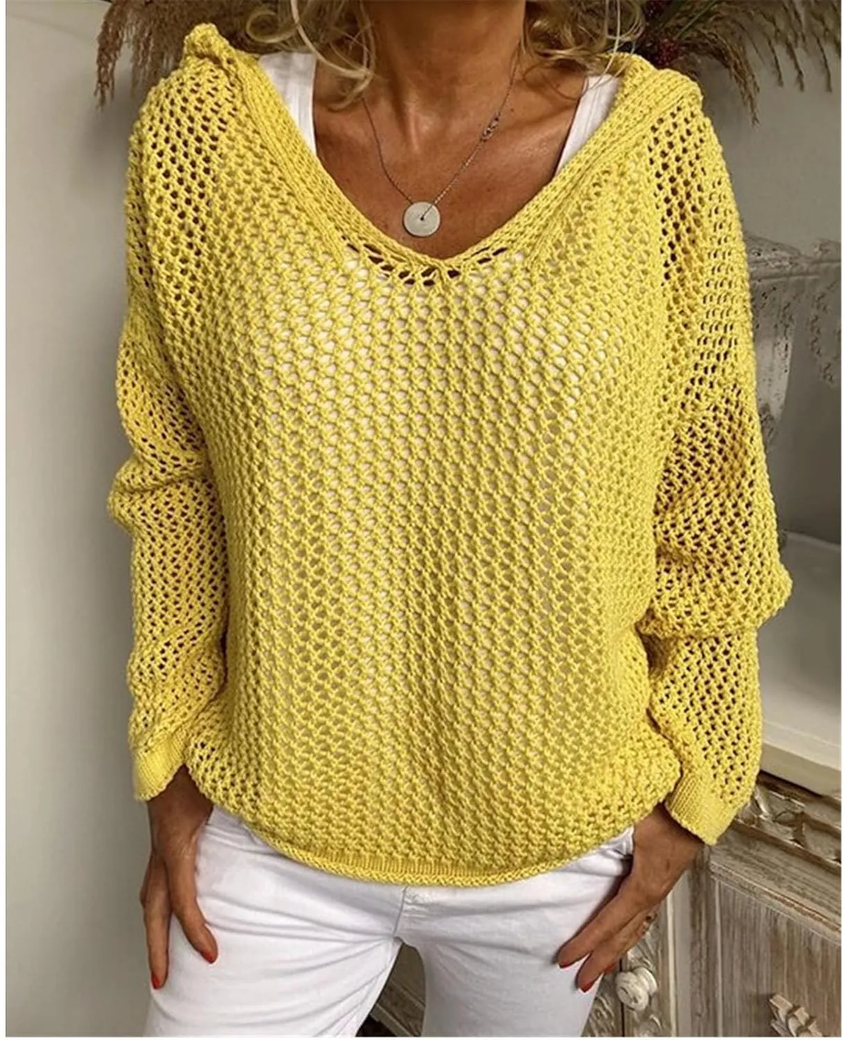 Womens Crochet Hoodie Sweater Top Loose Hooded Long Sleeve Shirt Spring Summer Beach Cover Up Hollow Knit Bathing Suit