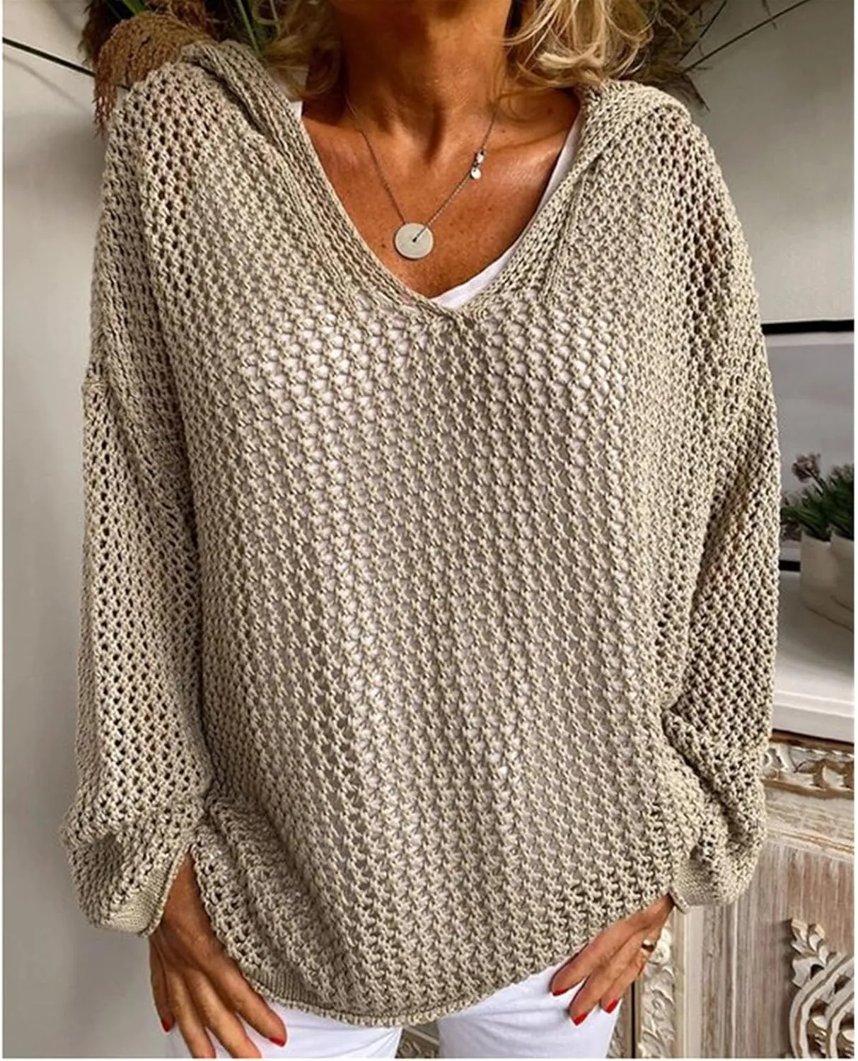 Womens Crochet Hoodie Sweater Top Loose Hooded Long Sleeve Shirt Spring Summer Beach Cover Up Hollow Knit Bathing Suit
