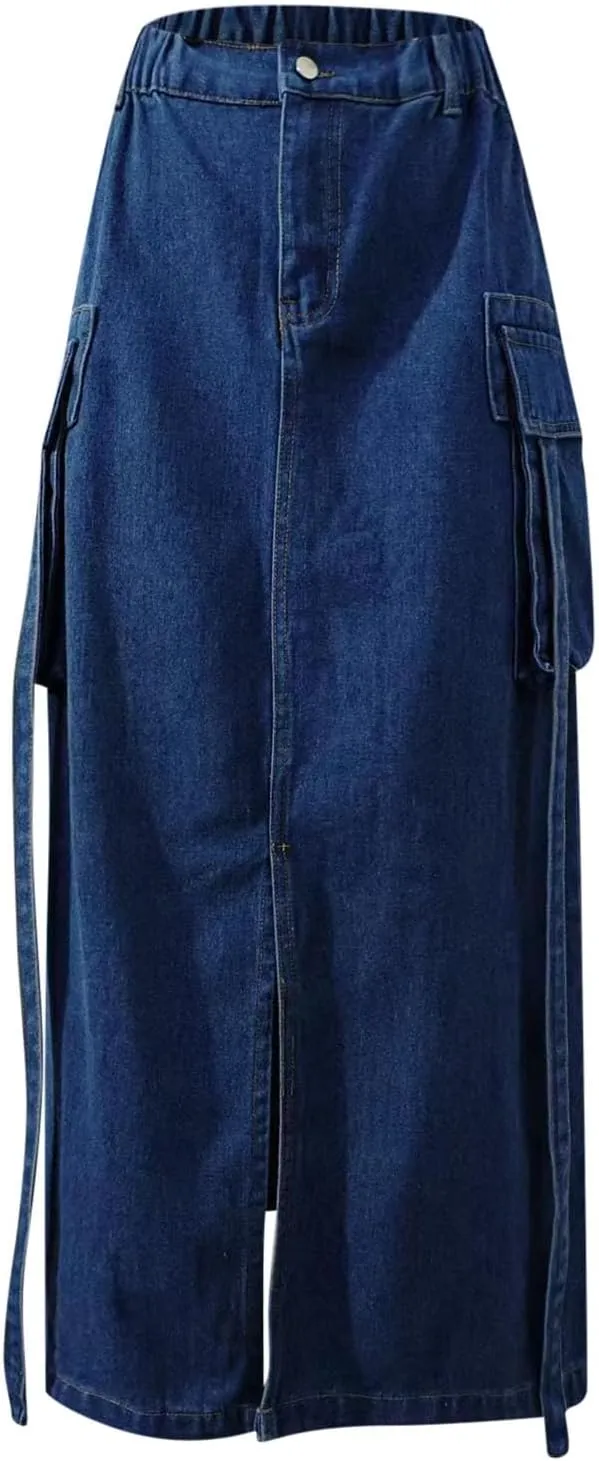 Womens Denim Cargo Skirts Slim Fit Calf Length Back Slit Jean Elastic High Waist Pencil Skirt Flap Pockets Streetwear