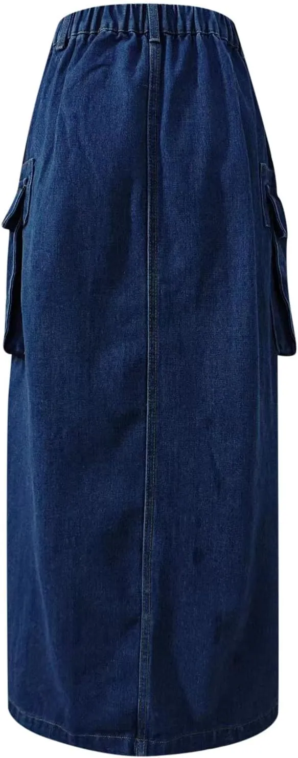 Womens Denim Cargo Skirts Slim Fit Calf Length Back Slit Jean Elastic High Waist Pencil Skirt Flap Pockets Streetwear